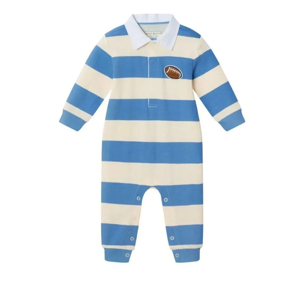 Andy & Evan Blue and Cream striped Football polo one piece size 12-18 m